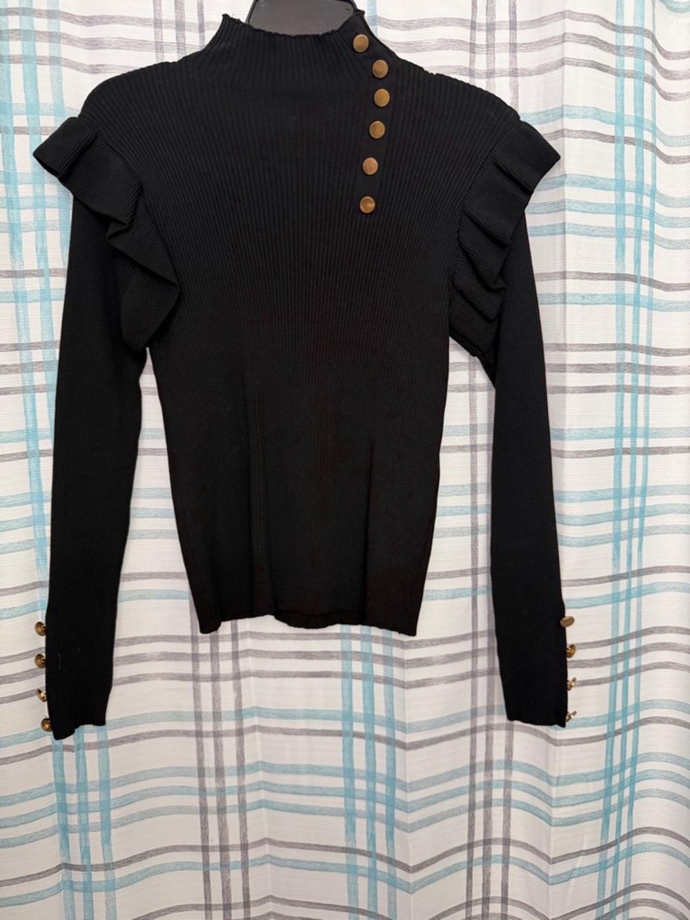 Black Ruffled Shoulder Ribbed Long-Sleeve Top with Gold Buttons